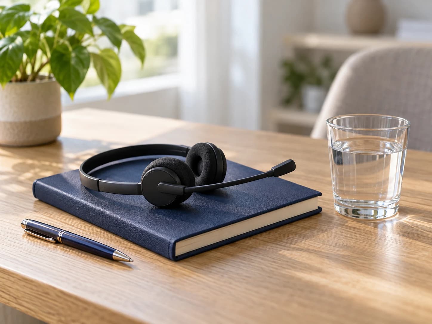 Symbolbild zur Beratung: Headset, Notizbuch und ein Glas Wasser